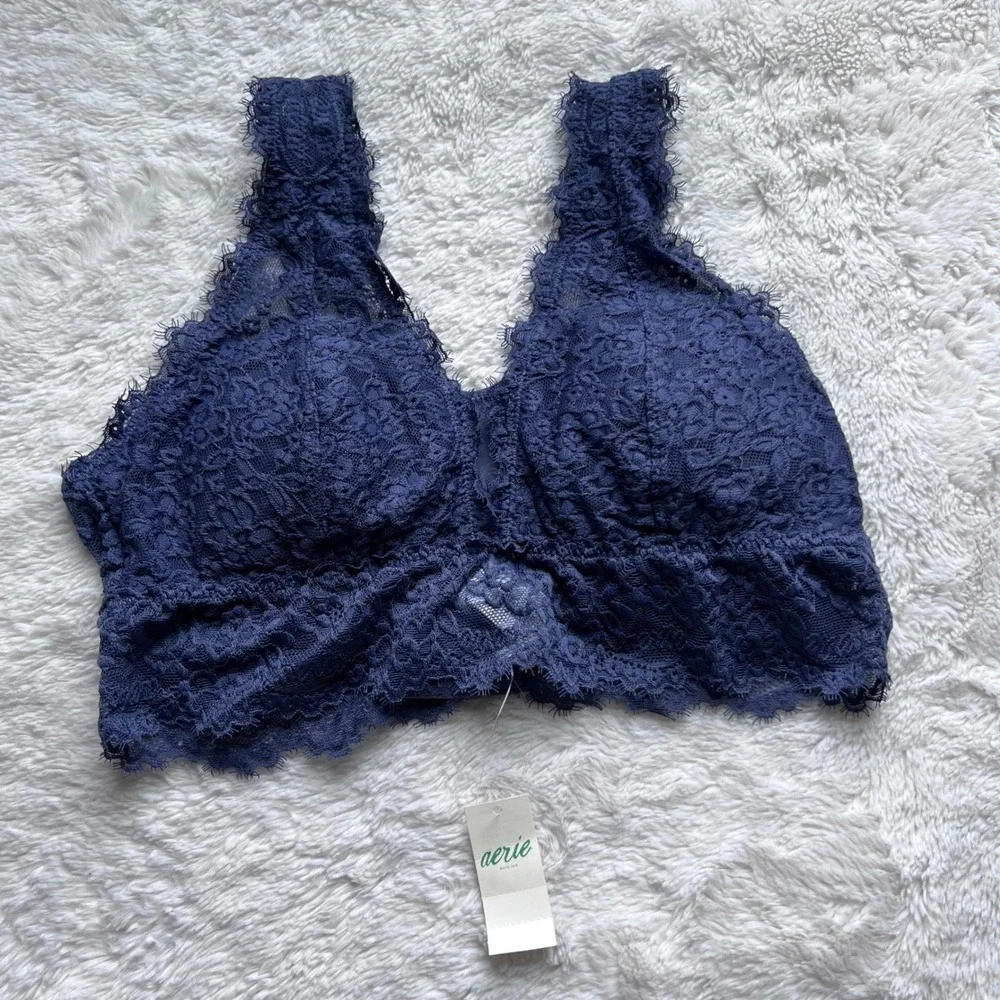 Aerie Real Good Navy Blue Floral Lace Padded Longline Bralette 069-1697-3177 M